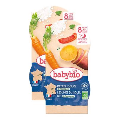 Babybio Patate Douce, Légumes du soleil, Riz de Camargue Bio Bol Bébé Dès 8 mois, Lot de 2 - 2x200g