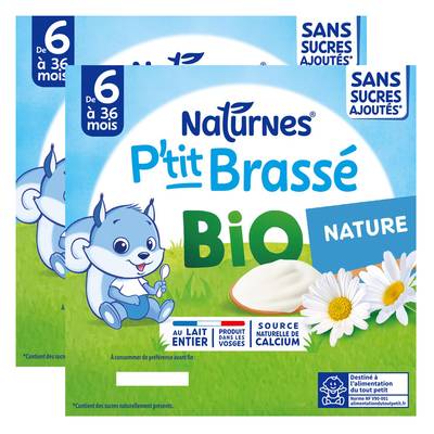 Naturnes® - P'tit Brassé Dessert Lacté Nature Bio Coupelle Bébé Dès 6 mois, Lot de 2 - 4x90g
