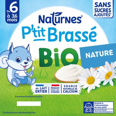 Naturnes® - P'tit Brassé Dessert Lacté Nature Bio Coupelle Bébé Dès 6 mois, 4x90g