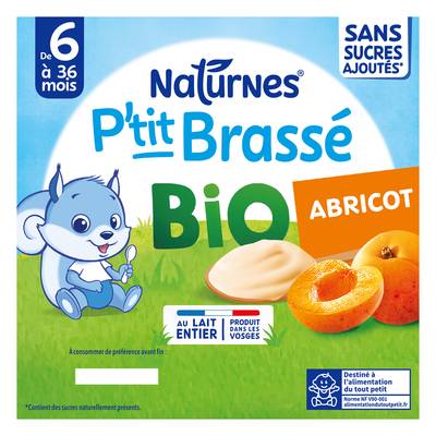 Naturnes® - P'tit Brassé Dessert Lacté Abricot Bio Coupelle Bébé Dès 6 mois, 4x90g