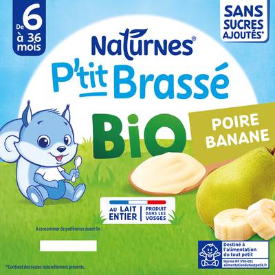 Naturnes® - P'tit Brassé Dessert Lacté Banane Poire Bio Coupelle Bébé Dès 6 mois, 4x90g