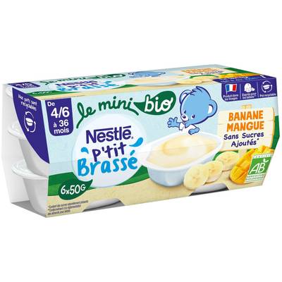 Naturnes® - P'tit Brassé Mini Dessert Lacté Banane Mangue Bio Coupelle Bébé Dès 4/6 mois, 6x50g