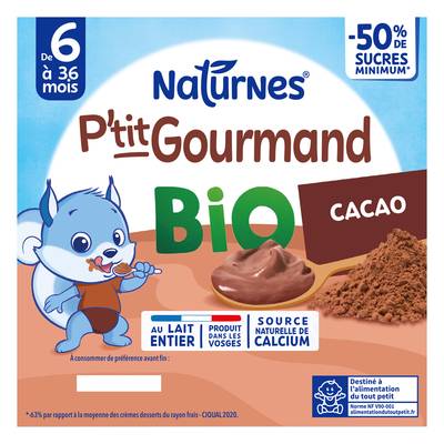 Naturnes® - P'tit Gourmand Dessert Lacté Cacao Bio Coupelle Bébé Dès 6 mois, 4x90g