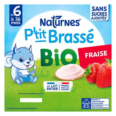 Naturnes® - P'tit Brassé Dessert Lacté Fraise Bio Coupelle Bébé Dès 6 mois, 4x90g