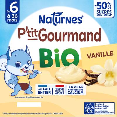 Naturnes® - P'tit Gourmand Dessert lacté Vanille Bio Coupelle Bébé Dès 6 mois, 4x90g