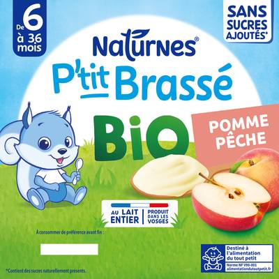 Naturnes® - P'tit Brassé Dessert Lacté Pomme Pêche Bio Coupelle Bébé Dès 6 mois, 4x90g