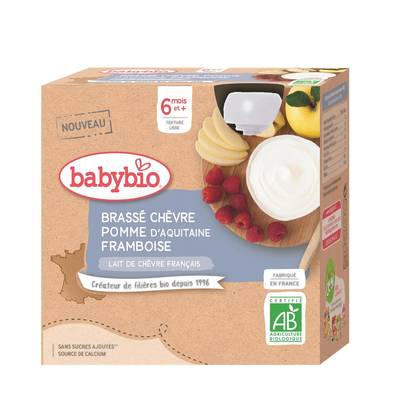Babybio Brassé Lait de Chèvre Pomme Framboise Bio Gourde Bébé Dès 6 mois, 4x85g