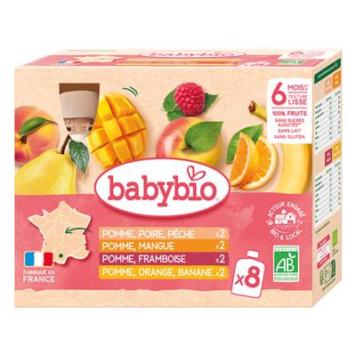 Babybio Multipack aux Fruits Bio Gourdes Bébé Dès 6 mois, 8x90g