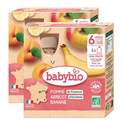 Babybio Pomme, Abricot, Banane Bio Gourde Bébé Dès 6 mois, Lot de 2 - 4x90g