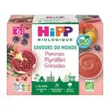 Hipp - Saveurs du Monde Pommes Myrtilles Grenade Bio Coupelle Bébé Dès 6 mois, 4x100g