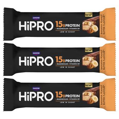 HiPRO Barre protéinée saveur banane, beurre de cacahuètes, Lot de 3x45g