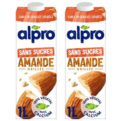 Alpro Lait d'amande grillée sans sucre, calcium et vitamines ajoutés, Lot de 2x1l