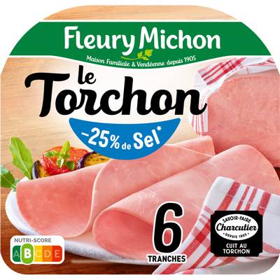 Fleury Michon Jambon Le Tranché Fin Torchon Taux de Sel Réduit, 6 tranches - 180g