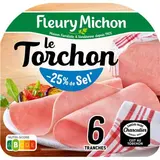 Fleury Michon Jambon Supérieur Le Tranché Fin Torchon Taux de Sel Réduit, 6 tranches - 180g