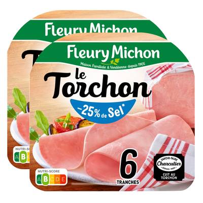 Fleury Michon Jambon Le Tranché Fin Torchon Taux de Sel Réduit, Lot de 2x180g