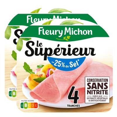 Fleury Michon Jambon Supérieur Taux de Sel Réduit Conservation Sans Nitrite, Lot de 2 - 4 tranches soit 140g