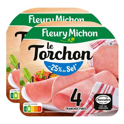 Fleury Michon Jambon Le torchon Taux de Sel Réduit, Lot de 2x4 tranches - 120g
