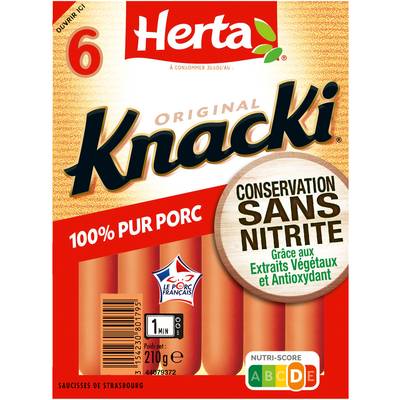 Herta Knacki Original 100 % Pur Porc Conservation Sans Nitrite, 6 saucisses - 210g