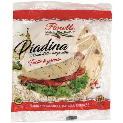 Florelli 4 Piadina Romagnola à l'huile d'olive vierge extra - Galette à garnir, 4x120g