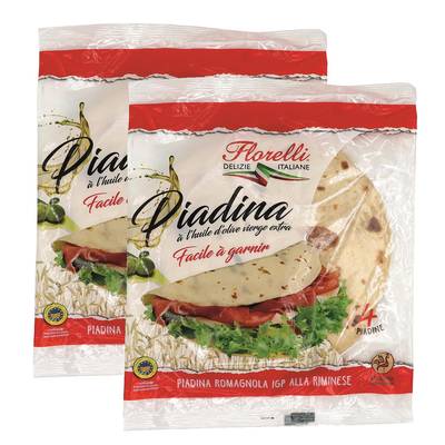 Florelli 4 Piadina Romagnola à l'huile d'olive vierge extra - Galette à garnir, Lot de 2 - 4x120g