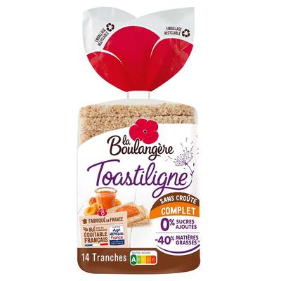 La Boulangère Toastiligne pain de mie complet sans croûte et sans sucres ajoutés, 14 tranches - 330g