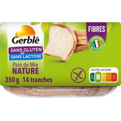 Gerblé Sans Gluten Sans Lactose Pain de Mie Nature Tranché sans gluten et sans lactose, 350g