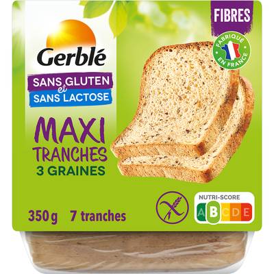 Gerblé Sans Gluten Sans Lactose Pain de Mie Moelleux Maxi Tranches 3 graines Sans Gluten, 350g