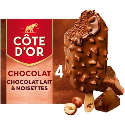 Côte d'Or Bâtonnets glacés chocolat noisette, 4 bâtonnets - 260g