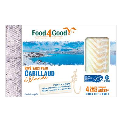 Food4Good Pavés de Cabillaud d'Islande MSC sans peau sans arête, 500g