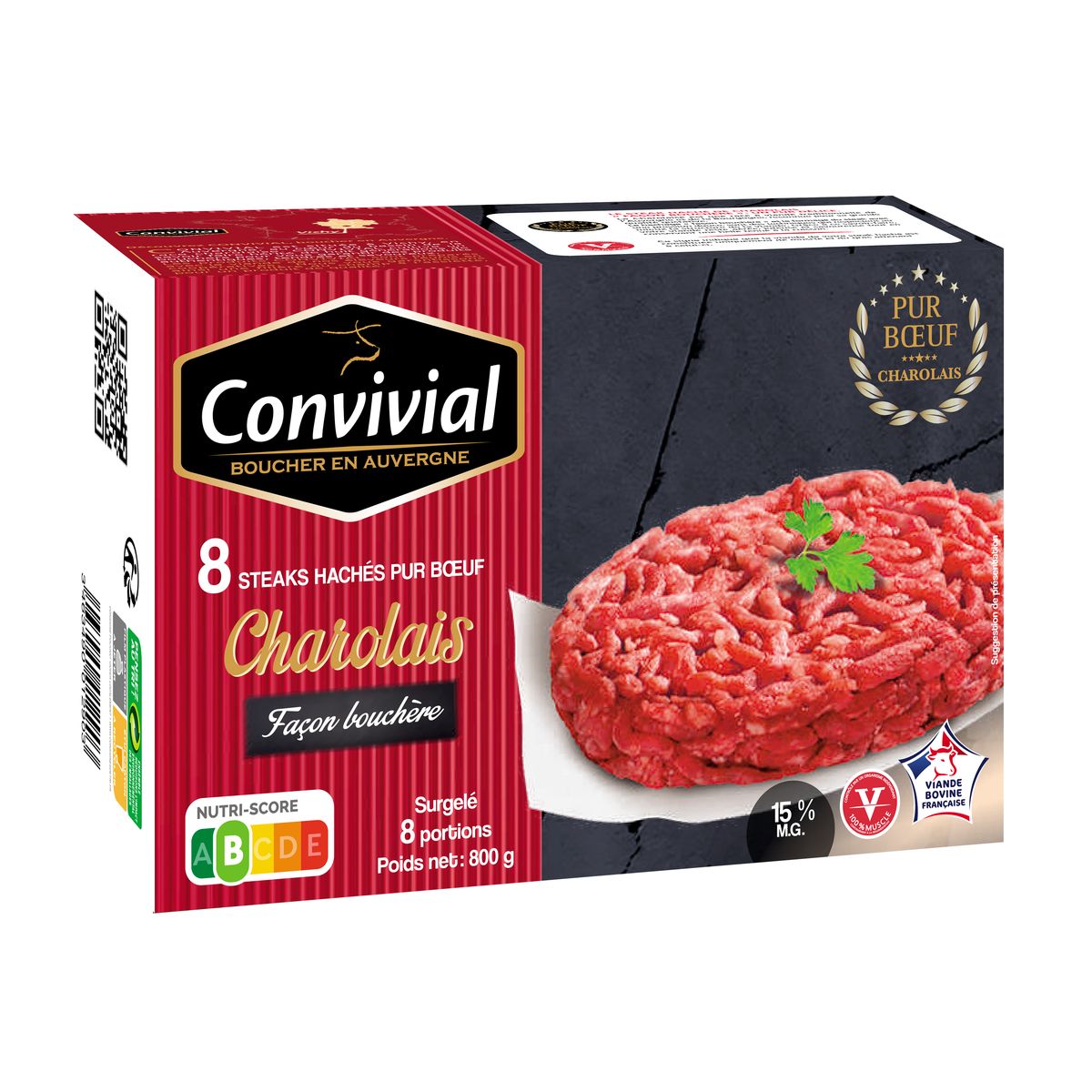Convivial Steaks hachés de Charolais pur boeuf 15%mg, 8x100g