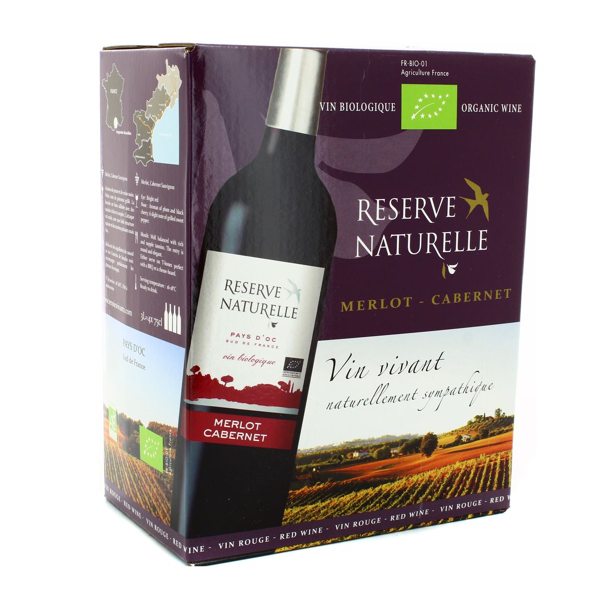 Vin de pays d'Oc rouge IGP Merlot - Cabernet BIO 13.5°, Bag in box 3L