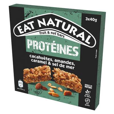 EAT NATURALS Barre Protéines Cacahuètes, Amandes, Caramel et sel de mer, 3 barres