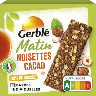 Gerblé Barres Petit dejeuner Noisettes Cacao -39% de sucres en moins, 4 barres