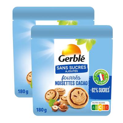 Gerblé Sans Sucres Ajoutés Biscuits Fourrés Noisette Cacao -82% de sucres en moins, Lot de 2x180g