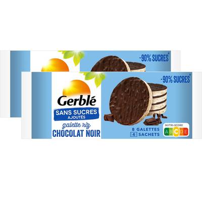Gerblé Sans Sucres Ajoutés 8 Galettes de riz chocolat noir -90% de sucres en moins, Lot de 2x130g