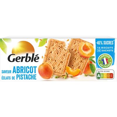 Gerblé Teneur Réduite 16 Biscuits Saveur Abricot et Eclats de Pistaches -49% de sucres en moins, 160g