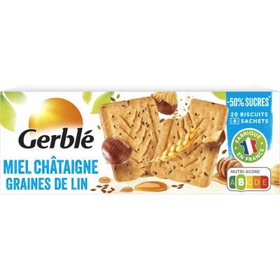 Gerblé Teneur Réduite 20 Biscuits Miel Châtaigne Graines de lin -46% de sucres en moins, 200g