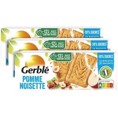 Gerblé Teneur Réduite 16 Biscuits Pomme Noisettes -61% de sucres en moins, Lot de 3x230g