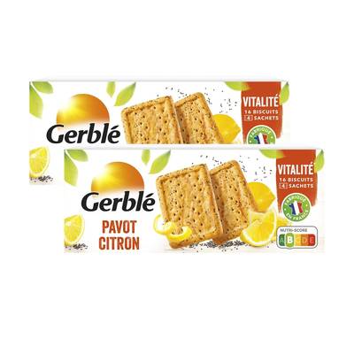 Gerblé Vitalité 16 Biscuits Pavot Citron -46% de sucres en moins, Lot de 2x200g