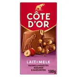Côte d'Or Chocolat lait raisins & noisettes entières, 180g