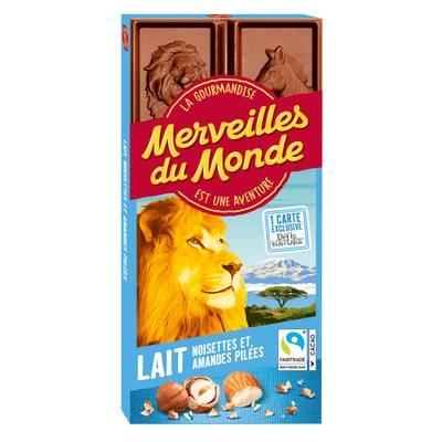 Merveilles du monde Chocolat au lait 30% noisettes et amandes pilées, 100g