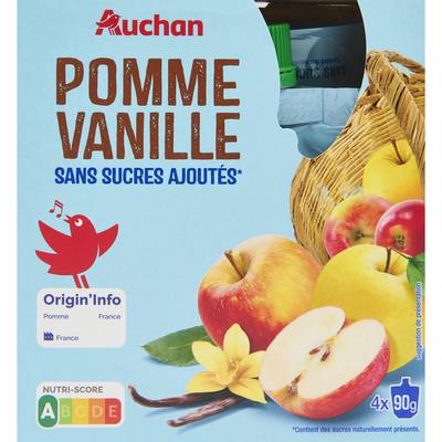 Auchan Compote Gourdes Pomme Vanille Sans Sucre Ajoutés, 4x90g