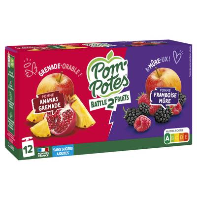 Pom Potes Compote pomme ananas grenade et pomme framboise mûre, 12x90g