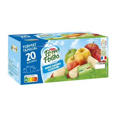 Pom Potes Compote Pomme Nature sans sucres ajoutés, Format familial, 20 gourdes de 90g