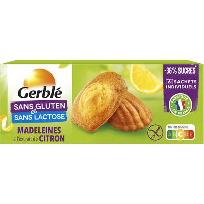 Gerblé Sans Gluten Sans Lactose 6 Madeleines Citron sans gluten et sans lactose -37% de sucres en moins, 180g