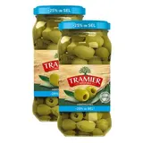Tramier Olives vertes dénoyautées -25% de sel en moins en bocal, Lot de 2x160g