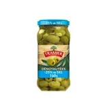 Tramier Olives vertes dénoyautées -25% de sel en moins en bocal, 160g