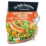 La Belle Chaurienne Saucisse à l'ancienne Label Rouge et petits pois carottes en barquette individuelle micro-ondable, 300g