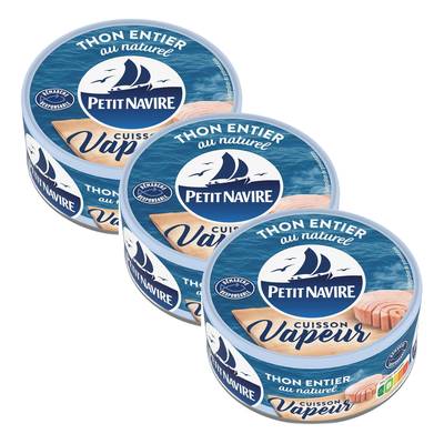 Petit Navire Thon entier au naturel cuisson vapeur, Lot de 3x130g