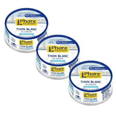 Phare d'Eckmuhl Thon blanc au naturel réduit en sel, pêche responsable, Lot de 3x112g